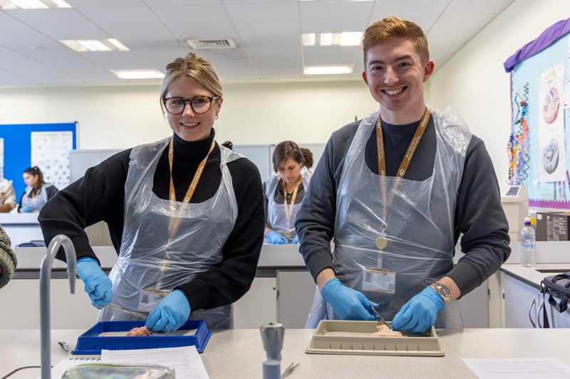 Students working on a dissection in the biology lab