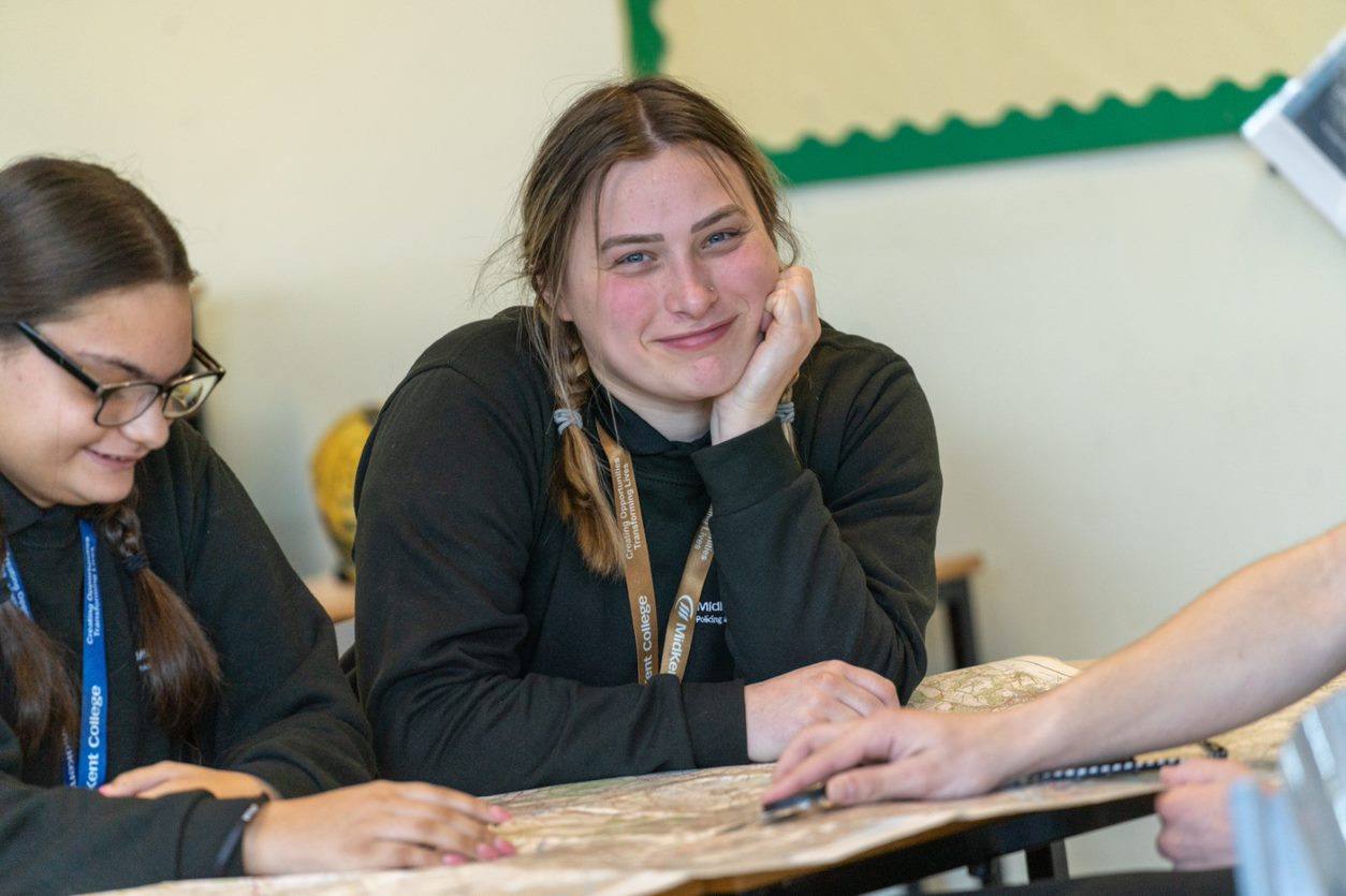 Elise working on map-reading skills in classroom